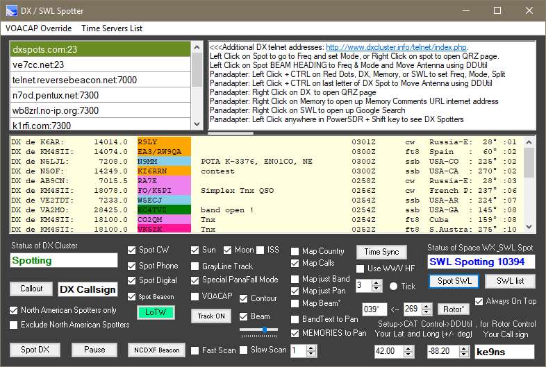 Spotter Window: including Time Sync button (good for FT8 and Beacon Scanning), Antenna Pointing, Mapping, etc.
